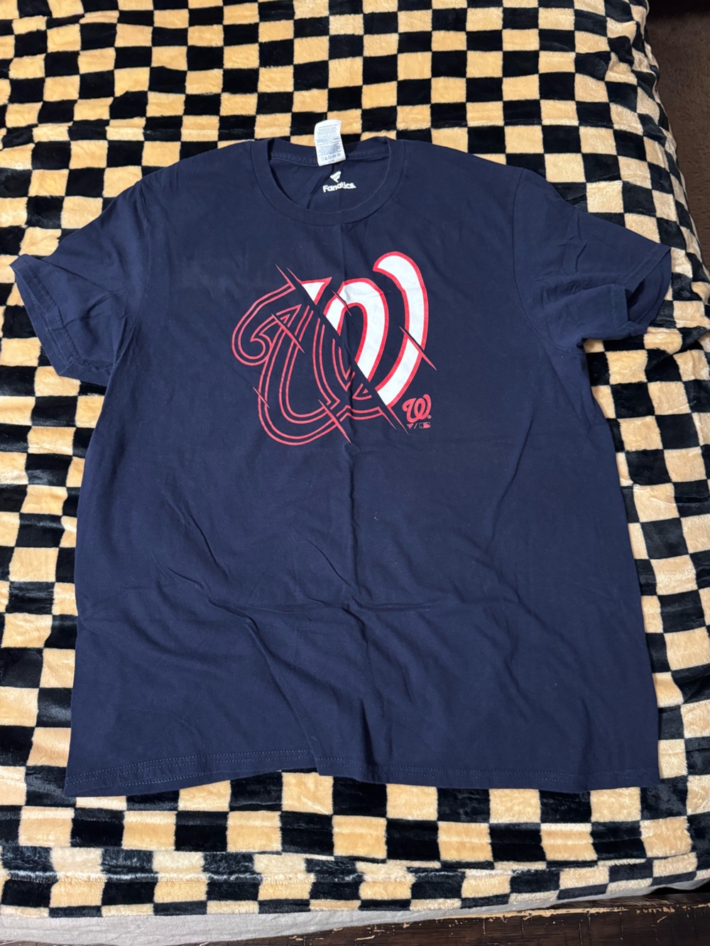 Navy Short-Sleeve Graphic Tee with Red and White Logo